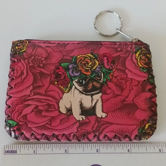 PUG w/ Flowers Printed COIN PURSE / WALLET Zipper Vegan Leather - Picture 2 of 4